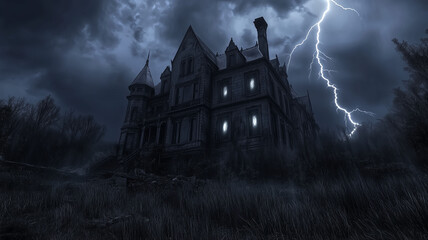 A haunted, crumbling mansion on a hill, with lightning striking