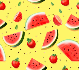 Watermelon and strawberry pattern, summer pattern, seamless yellow background