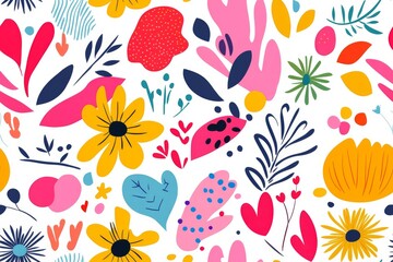 A seamless pattern featuring a variety of colorful flowers alongside abstract shapes, which come together to create a lively and whimsical design that is perfect for a myriad of creative projects
