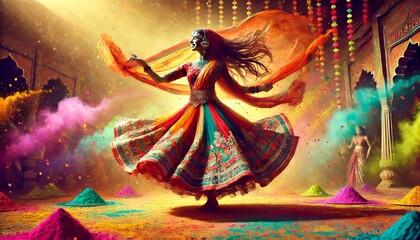 Vibrant 3D animation of a woman dancing in traditional Indian attire during a colorful Holi festival celebration