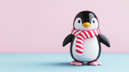 Cute penguin wearing a red and white scarf stands on a blue surface with a pink background, perfect for winter or holiday designs. Add festive cheer to your projects with this playful image!