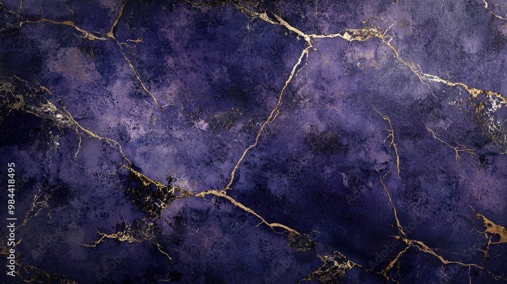 Poster dark purple marble background with golden veins creating an abstract pattern, perfect for creating l
