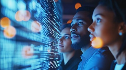 Three People Analyzing Data on a Digital Screen in a Modern Office
