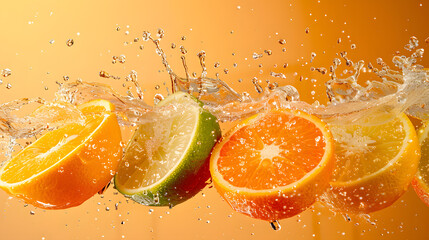 fruits and vegetables splashing in a graphic advertising background.
