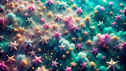 Colorful Star-Shaped Confetti Sparkles Magical Festive Background with Teal Emphasis