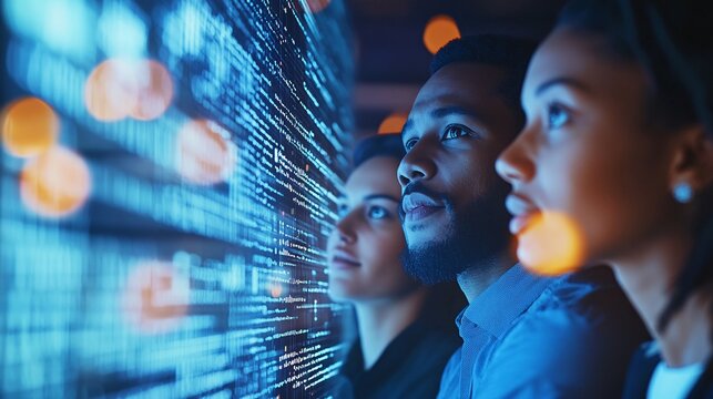 Three People Analyzing Data on a Digital Screen in a Modern Office