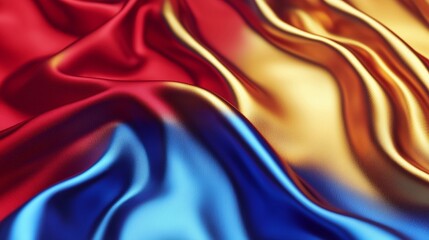 Fototapeta premium Flowing satin fabric in red, blue, and gold adds glamour to any event. Use as backdrop, banner, or cover for a stylish touch. Perfect for modern projects