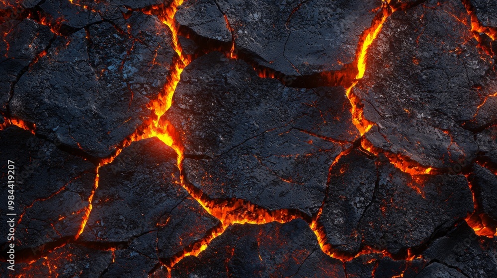 Poster molten lava flows through cracks in the earth, creating a fiery and dangerous landscape with intense