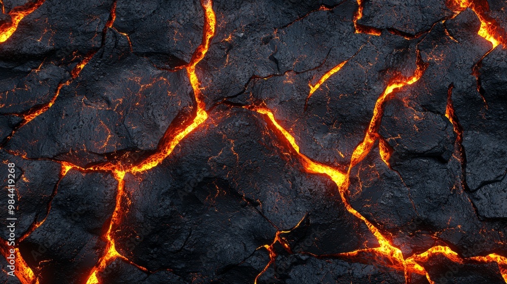 Poster closeup of a volcanic rock surface with glowing lava flowing between cracks, creating a dramatic and