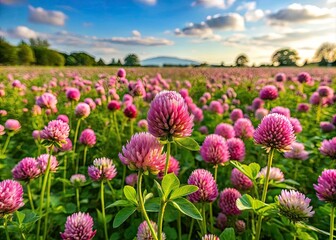 Obraz premium Soothing clover blooms unfurl in the lush green landscape, their delicate petals swaying gently in the summer breeze under a warm, cloudless sky.