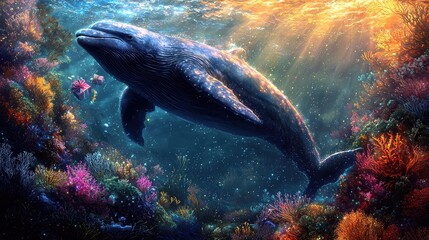 A magical underwater Christmas scene with marine creatures like dolphins and turtles decorating coral reefs with glowing ornaments and seaweed garlands, Santa wearing a diving suit delivering gifts to