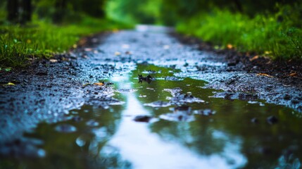 Fototapeta premium The ground was wet with puddles after the morning rain.