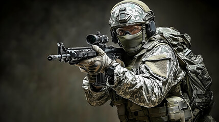 A Soldier in Camouflage Gear Aims a Rifle with a Scope, Ready for Action Against a Dark Background, a Powerful Image of Military Preparedness