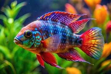 Striking flower cichlid fish displays its vibrant fin shape, resembling a blooming flower, with brilliant colors that catch the eye.