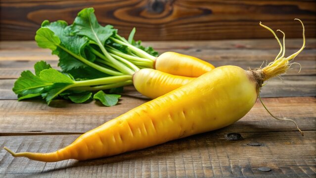 Succulent radish boasting bright yellow skin, elongated shape, and jagged edges, accompanied by a large, thick taproot bulb, prized in Korean culinary traditions.