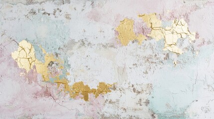 Abstract background texture of a weathered wall featuring pastel pink, blue and white paint with gold showing through the cracks