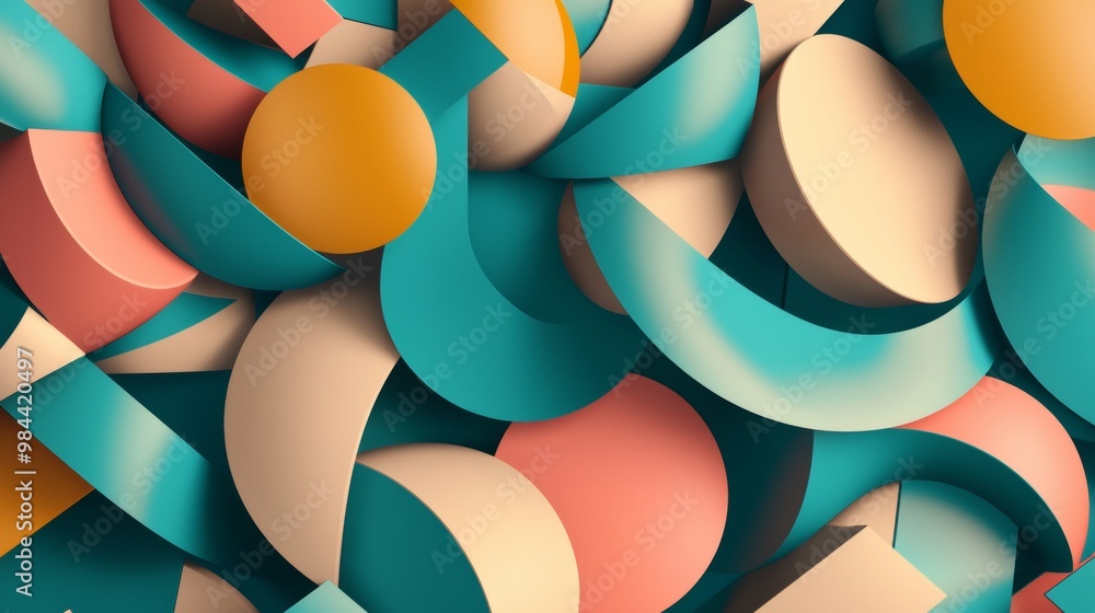 Poster modern and playful composition with geometric shapes intertwined creating a sense of depth and movem