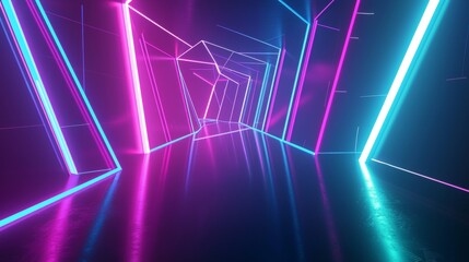 Fototapeta premium Vibrant glowing lines in pink and blue illuminate a dark space creating an abstract background with a sense of depth. Perfect for technology, gaming or music themed projects