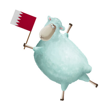 recommend clip art: Funny cartoon sheep with flag of Bahrain. Bright clip art on white background