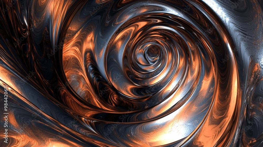 Poster orange and blue metallic swirl creating tunnel visual illusion. abstract background for various proj