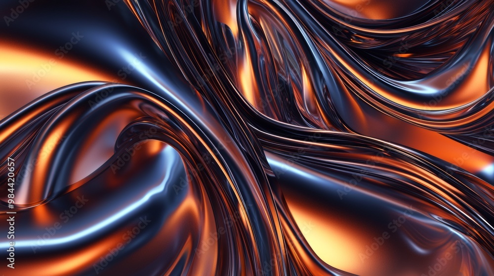 Poster abstract background with wavy metallic shapes reflecting orange and blue light, creating a luxurious