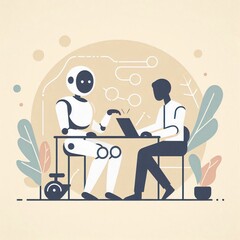Minimalist Illustration Image of Human and Robot Discussing