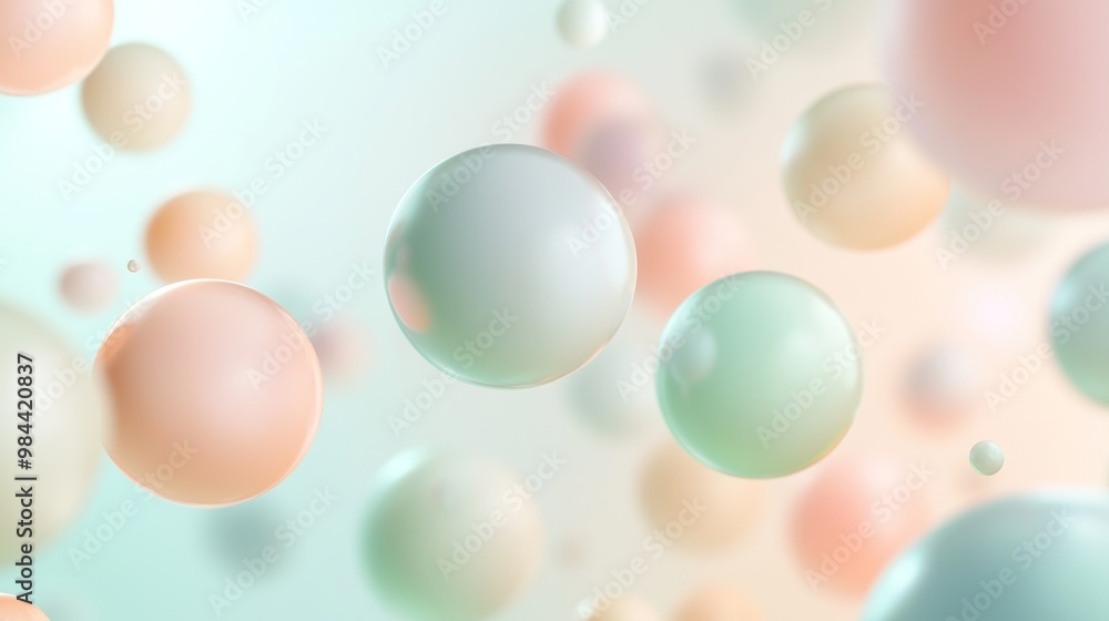 Poster 3d render of a multitude of spheres of different sizes, colors and opacities floating on a light bac