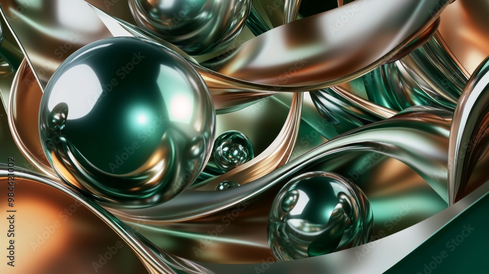 Poster captivating abstract background with green and gold metallic shapes intertwining on lush green backd