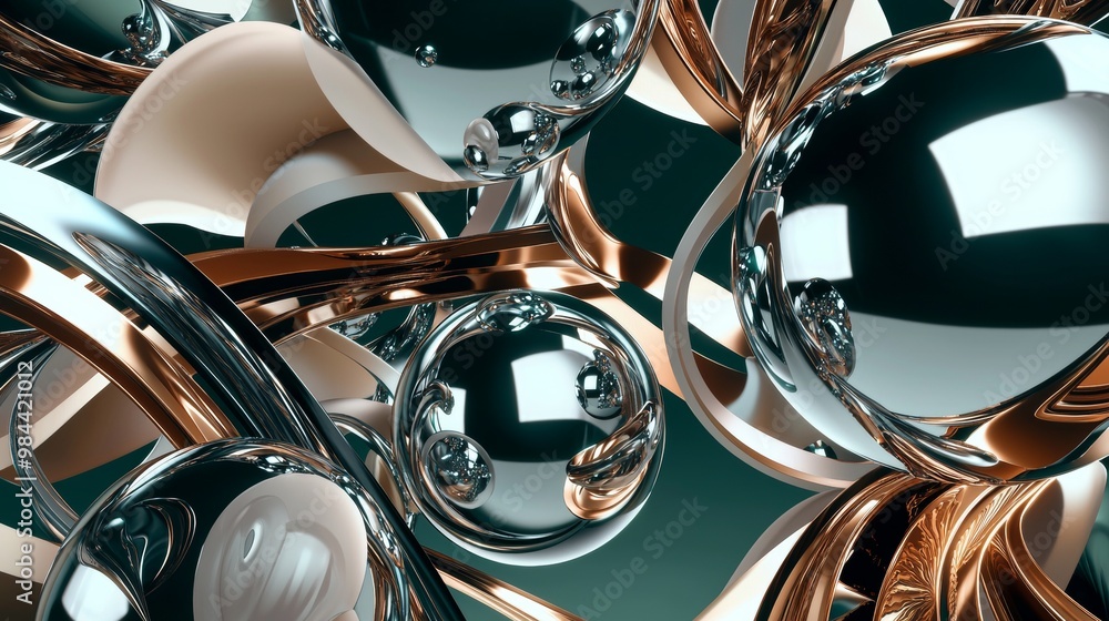 Poster 3d rendering of an abstract composition featuring shiny metallic spheres reflecting light and intert