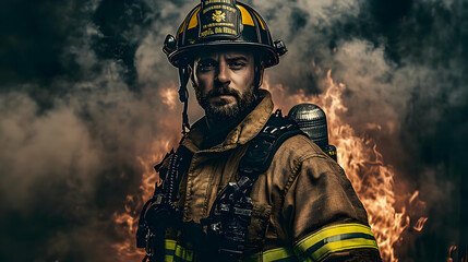 Fototapeta premium A Firefighter Stands Ready in Front of a Fiery Blaze, Smoke Billowing Behind, Demonstrating Courage and Sacrifice in the Face of Danger.