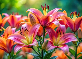 Fototapeta premium Tendrils of lily blooms burst forth in a riot of color, drifting gently against a soft, gradient-colored backdrop that lets their beauty take center stage.