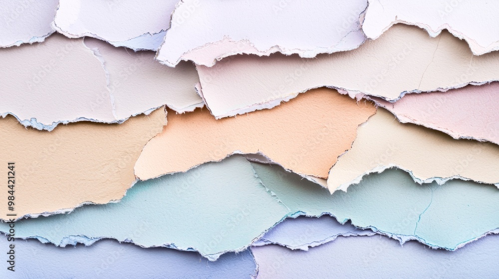 Poster layers of ripped pastel-colored paper are overlapping, forming a textured and abstract background wi