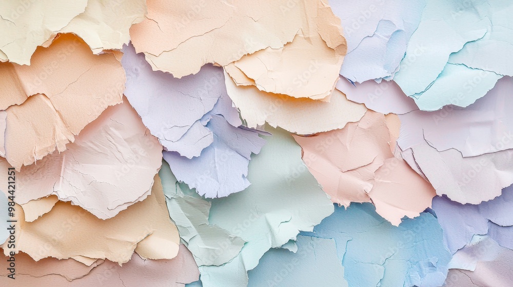 Aufkleber textured, abstract background is formed by overlapping pieces of torn paper in various pastel colors