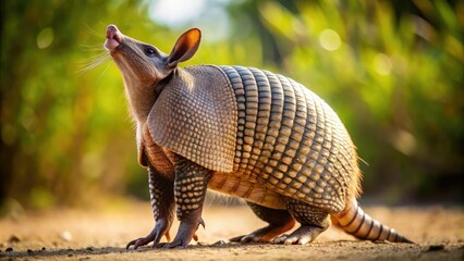 Obraz premium The armadillo raises itself upright, its hind legs supporting its body as it sniffs the air with its long, pointed snout, twitching with curiosity.