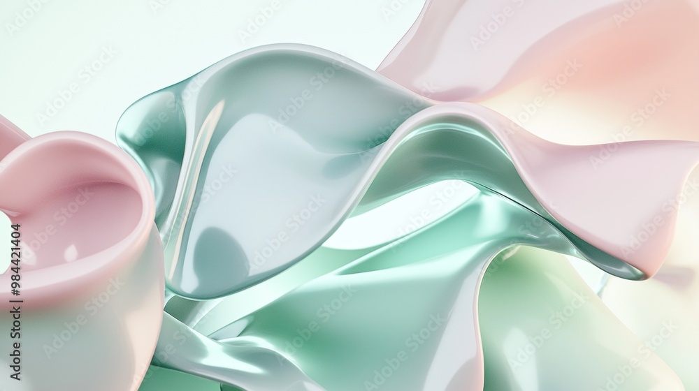 Poster abstract background featuring pastel pink and green shapes flowing and intertwining, creating a sens