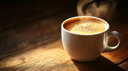 A steaming cup of freshly brewed coffee with a rich crema on top, served in a modern mug.
