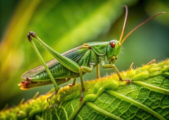 Fototapeta premium The cricket's emerald carapace glimmers in the soft light, its delicate antennae twitching as it surveys its surroundings from its perch on the leaf's intricate veins.