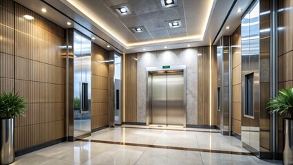 The elevator doors slide open to unveil a generous living space with high ceilings and a modern floor indicator display, inviting exploration.