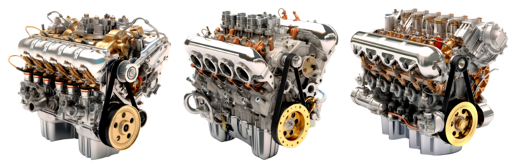 Set of Car Engines on transparent background, car repair concept, realistic 3D illustration, generative ai