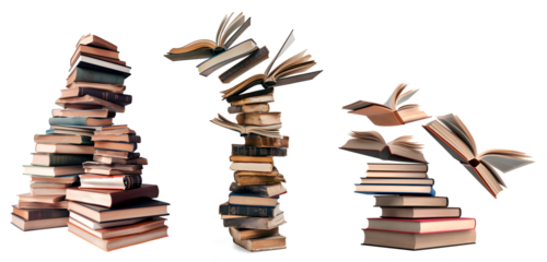 Set of Stacks of Open Books with flying Books, isolated on transparent background, flying knowledge concept, realistic 3D illustration, generative ai