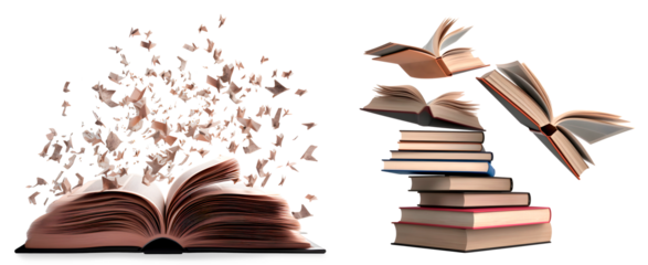 Set of Stacks of Open Books with flying Books, isolated on transparent background, flying knowledge concept, realistic 3D illustration, generative ai