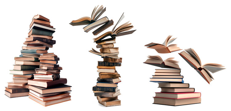 Set of Stacks of Open Books with flying Books, isolated on transparent background, flying knowledge concept, realistic 3D illustration, generative ai