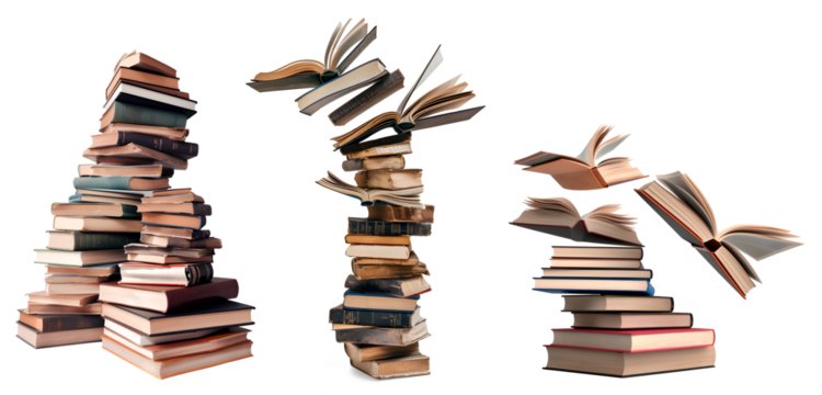 Set of Stacks of Open Books with flying Books, isolated on transparent background, flying knowledge concept, realistic 3D illustration, generative ai