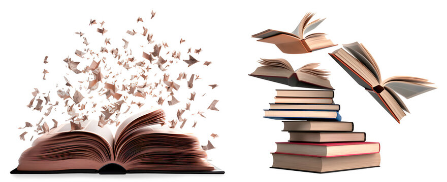 Set of Stacks of Open Books with flying Books, isolated on transparent background, flying knowledge concept, realistic 3D illustration, generative ai
