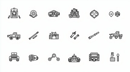 A Set of 18 Line Icons Depicting Various Military Vehicles and Equipment, Including a Tank, a Truck, a Gun, a Rocket Launcher, and a  Cannons,  Illustrating  the  Range  of  Military