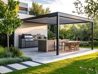 Modern outdoor kitchen with a grill, countertops, and a dining table under a pergola in a lush garden.