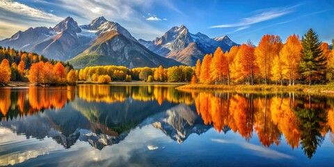 Obraz premium The lake's glassy surface mirrors the vibrant autumn hues and majestic mountain peaks, creating a tranquil atmosphere where worries fade away.