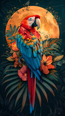 Obraz premium Art nouveau artistic image of Scarlet Macaw in a round shape