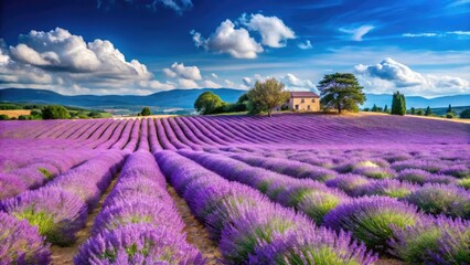Obraz premium The lavender fields burst with purple petals, swaying gently beneath a brilliant blue sky in the serene French countryside landscape.