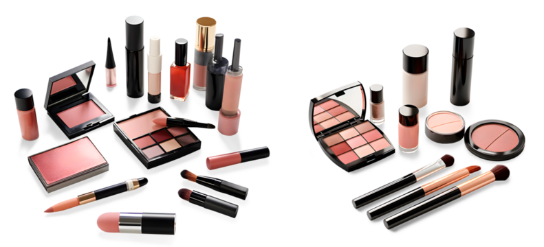 Set of Mock-up of Cosmetics Set, isolated on transparent background, luxury cosmetics concept, realistic design illustration, generative ai